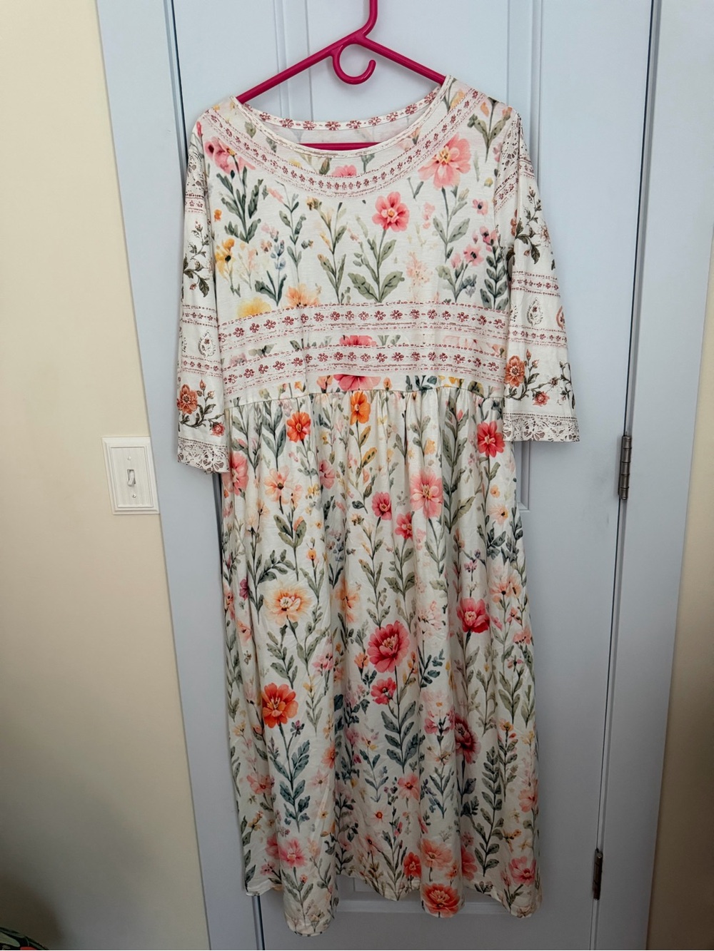 Woman’s Cream Floral Midi Dress with Pink & Coral Flowers